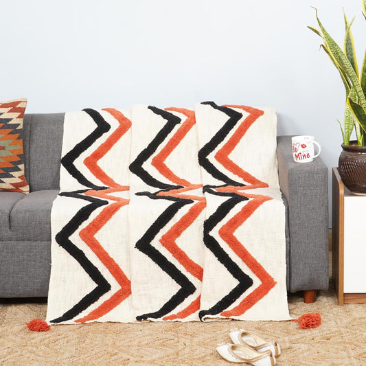 Tufted Sofa Throw with Tassels – Orange Black White