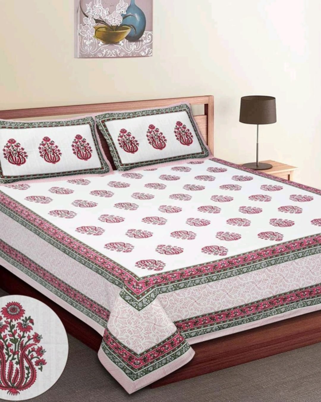 Jaipuri Cotton Queen Size Bedsheet with Pillow covers