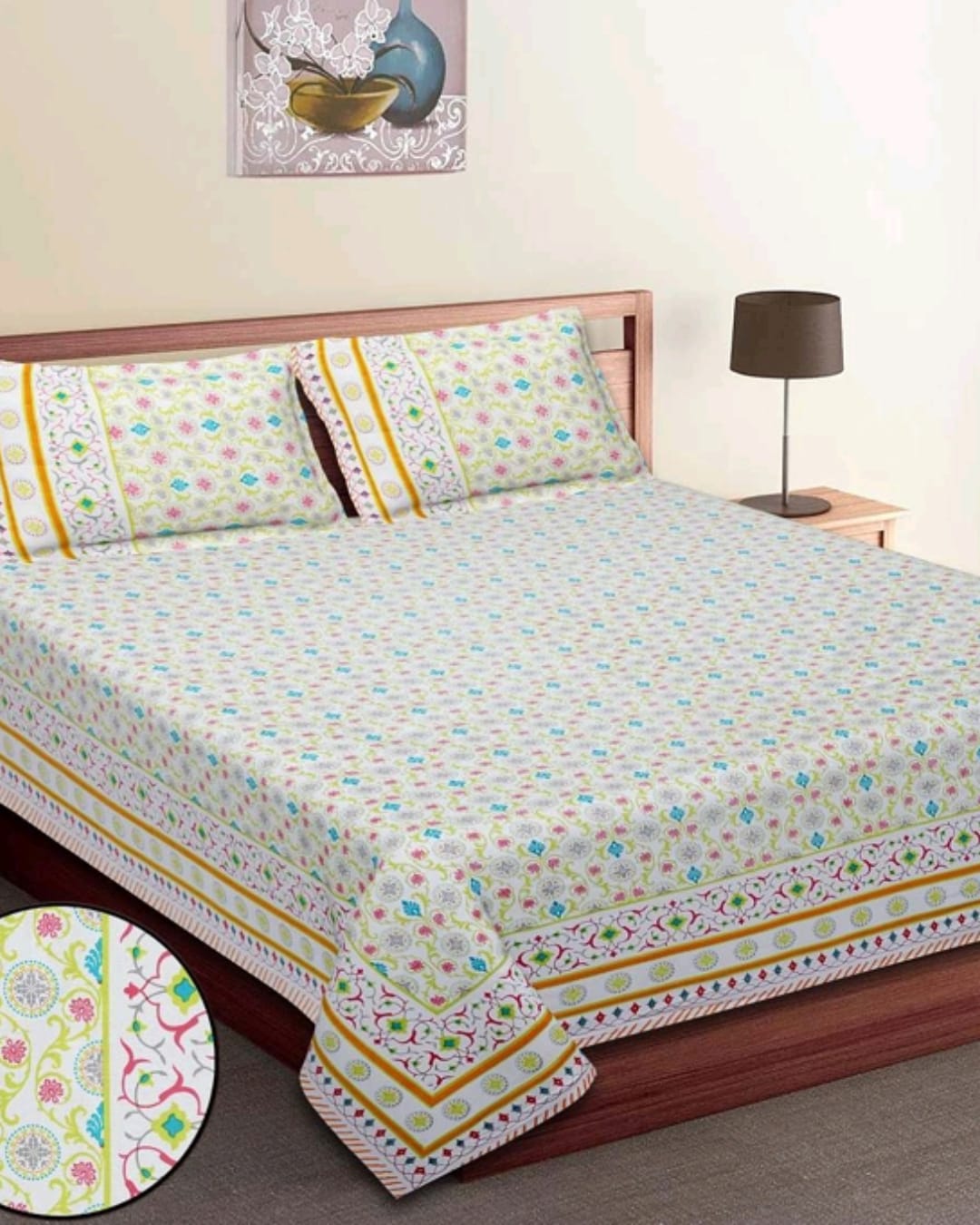 Jaipuri Cotton Queen Size Bedsheet with Pillow covers