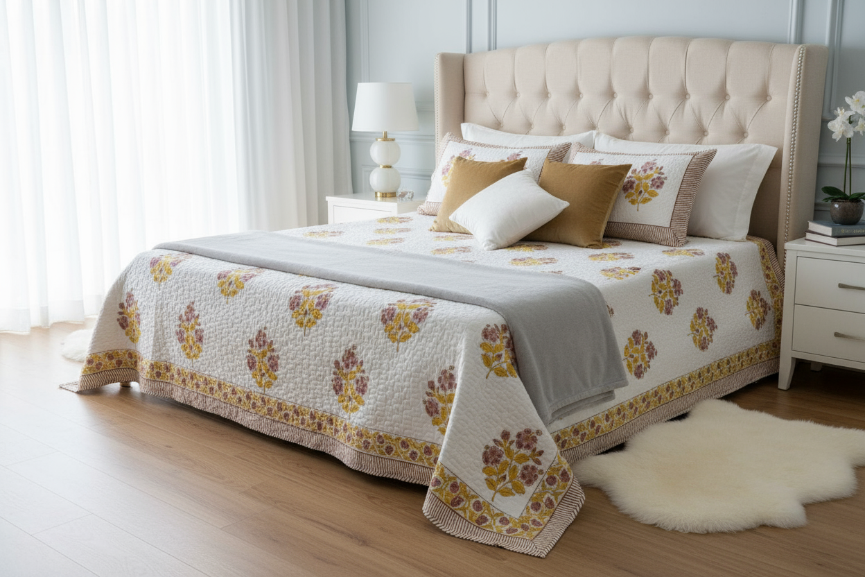 Cotton Filled Machine Stitched Quilt with Pillow Covers (90 x 108 inches)