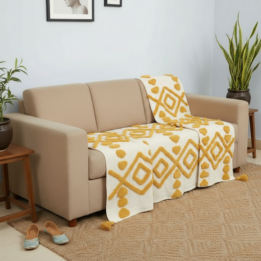 Tufted Sofa Throw with Tassels – Mustard & White